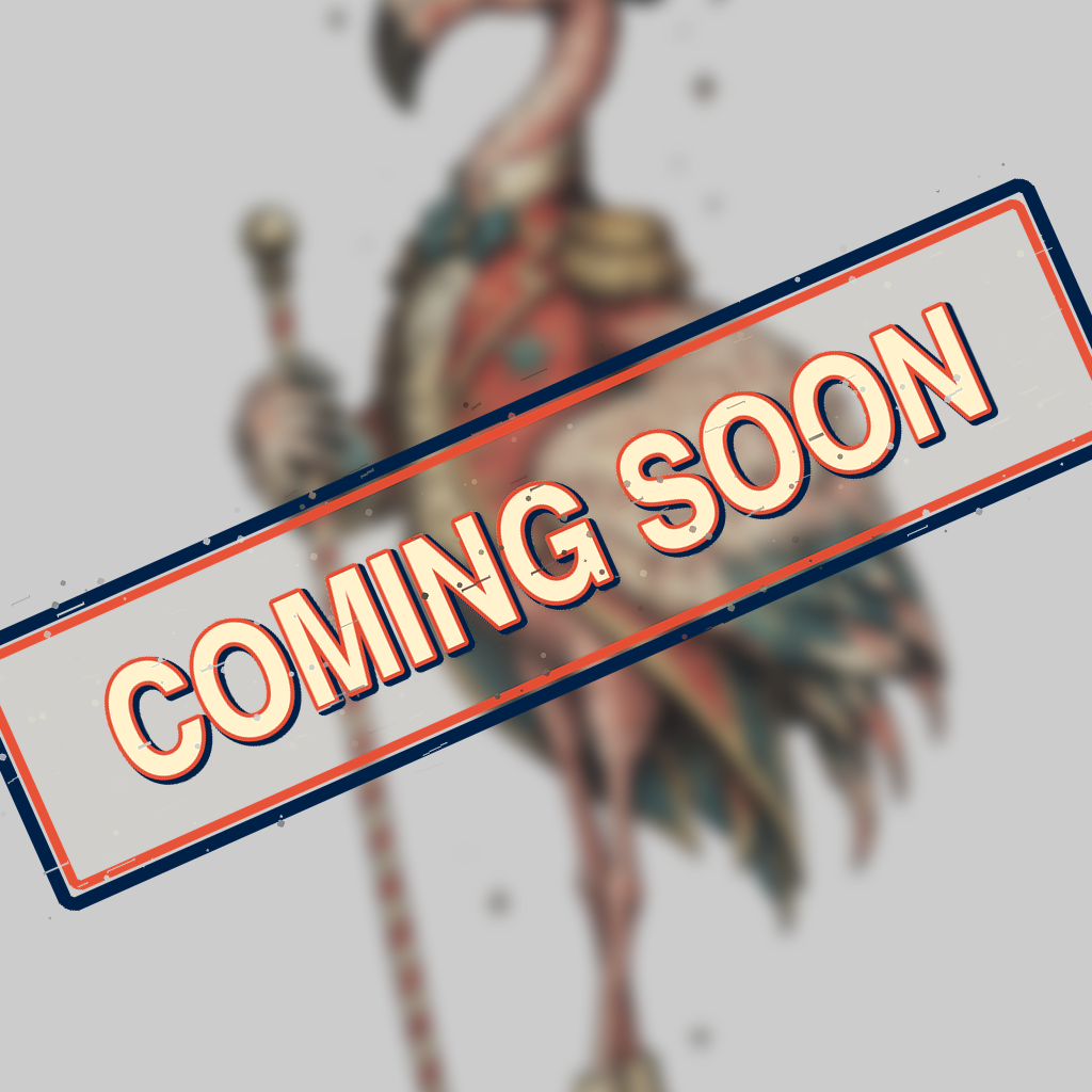 A placeholder-style graphic with a faded illustration of a bird character wearing a striped top hat and holding a cane, overlaid with a large diagonal 'COMING SOON' banner on a light gray background.