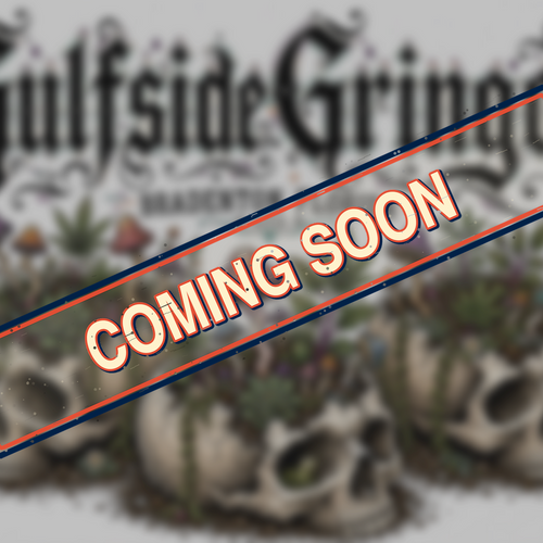 A 'Coming Soon' promotional graphic for 'Gulfside Grigars' featuring a large diagonal red and blue outlined banner with white text over a blurred background illustration of skulls and plants.